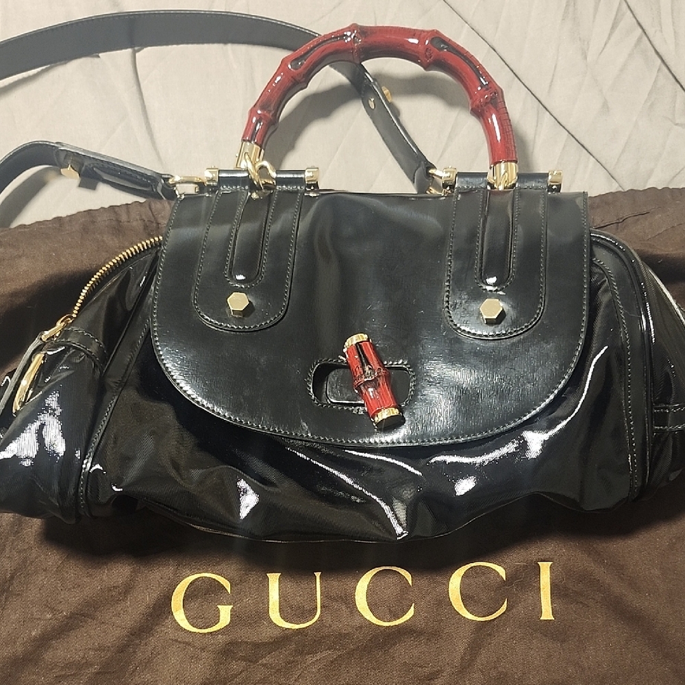 Gucci Black and Red Shoulder Bag with Bamboo Handle